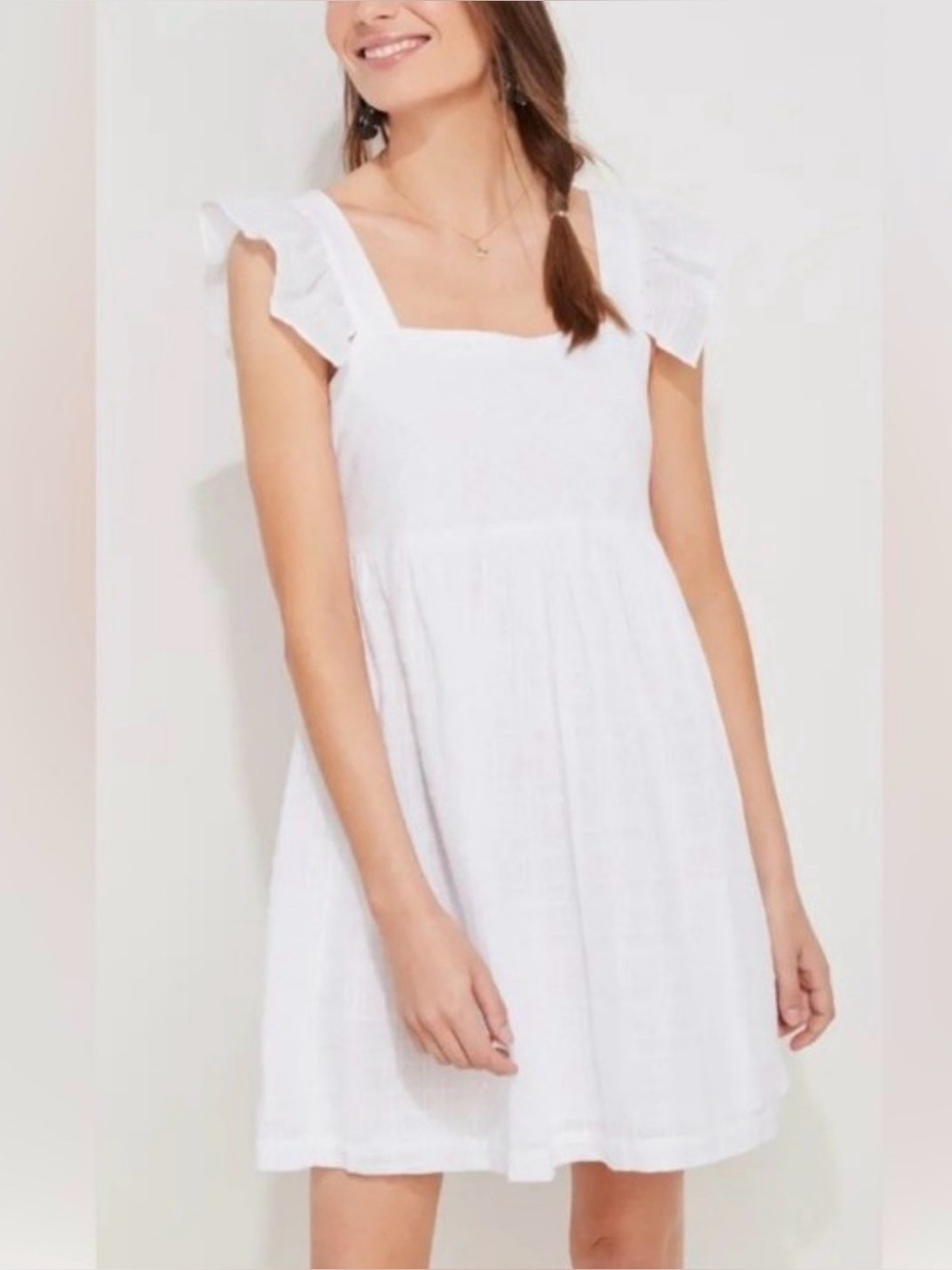 Vineyard Vines White Ruffled-Sleeve Square-Neck Mini Dress